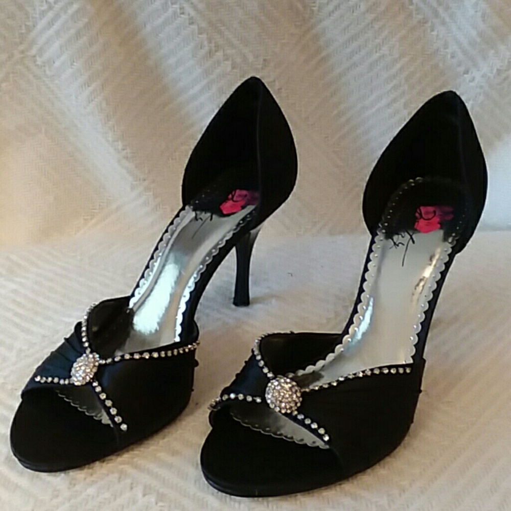 Misty black satin peep toe heels with rhin…